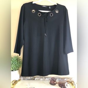 Dennis by Dennis Basso Black Grommet Detail 3/4 Length Sleeve Top